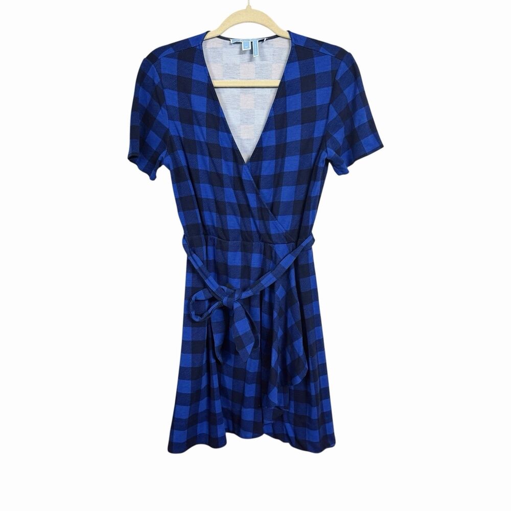 Draper James Womens Sz M Blue Wrap Dress Navy Buffalo Check Plaid Short Sleeve